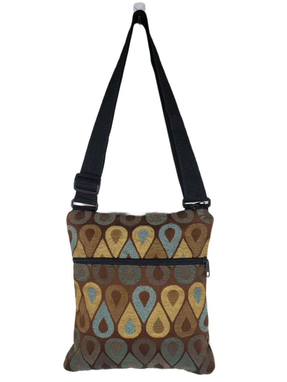 Boho Woven Crossbody Bag Teardrop Pattern Earthy Brown Adjustable Strap